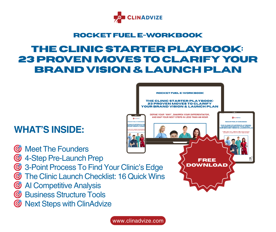The Clinic Starter Playbook shown on laptop, phone, and tablet