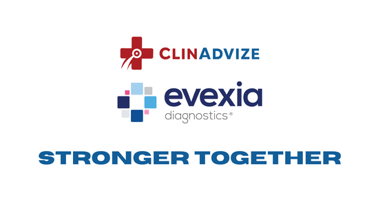 ClinAdvize and Evexia Diagnostics partnership logos with Stronger Together text